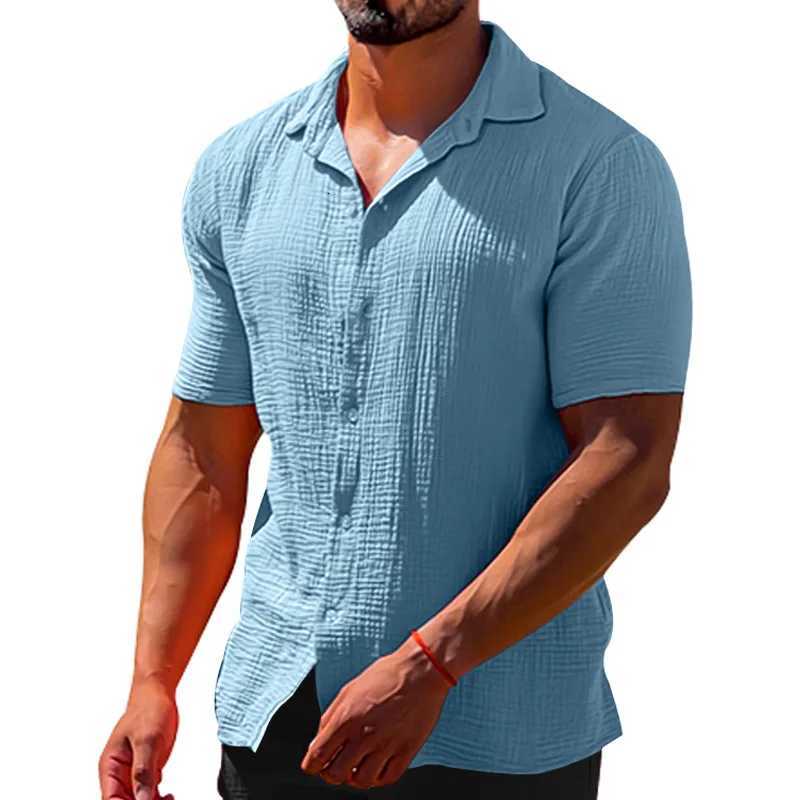 Summer Mens Short Sleeve Shirt Solid Color Turn Down Collar Cotton Linen Casual Shirts Men Single Breasted Male Blouse Tops Z250715