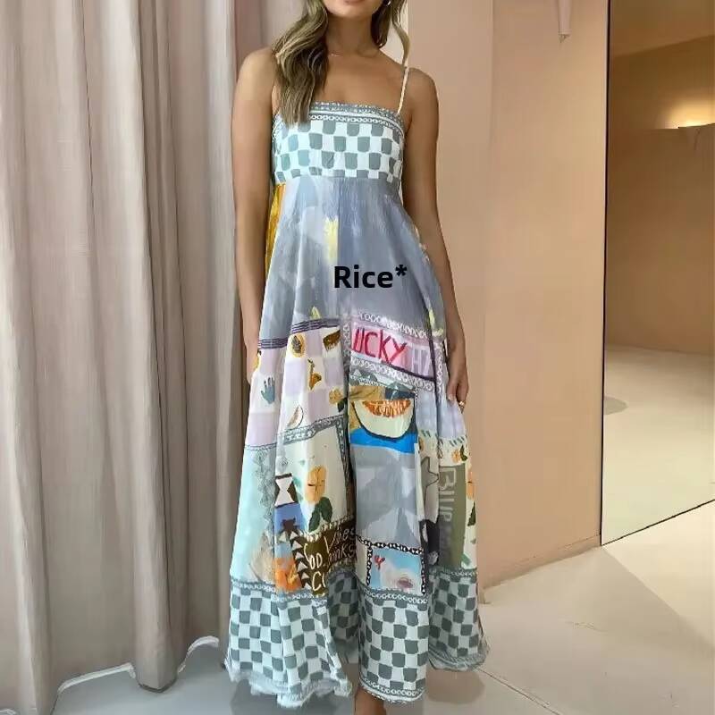 Elegant High Floral Print Casual Fashion Spring Summer Womens Dress Sleeveless One Shoulder Ankle Length Empire Waist dongdumaoyi