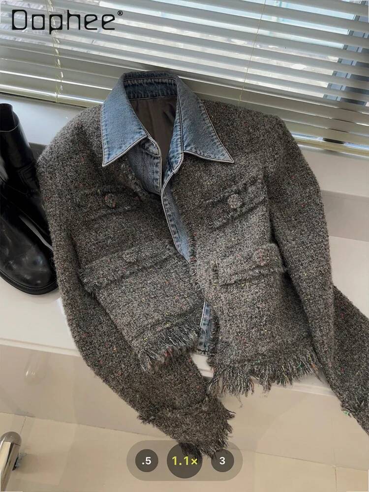 Chic Denim Patchwork Jacket Women's 2024 Autumn New Tassel Turn Down Collar Pocket Short Coat Commute Korean Fashion Retro