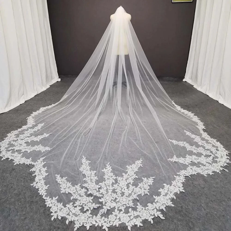 Luxury 3 Meters White Ivory Wedding Veils with Full Floral Appliques Long Lace Edge Bridal Head Veil with Comb For Marriage Bride Women's Accesso