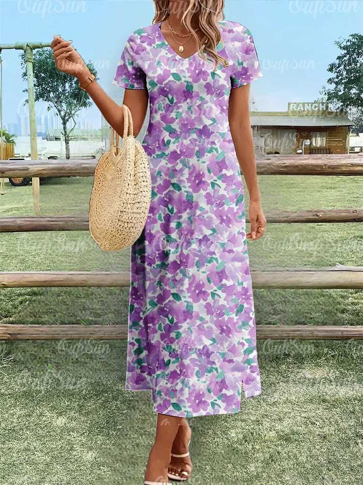 2024 New Womens Dresses Floral Print Summer Elegant Midi Dresses Vacation Female Short Sleeve Dress Fashion Oversized Clothes R250716