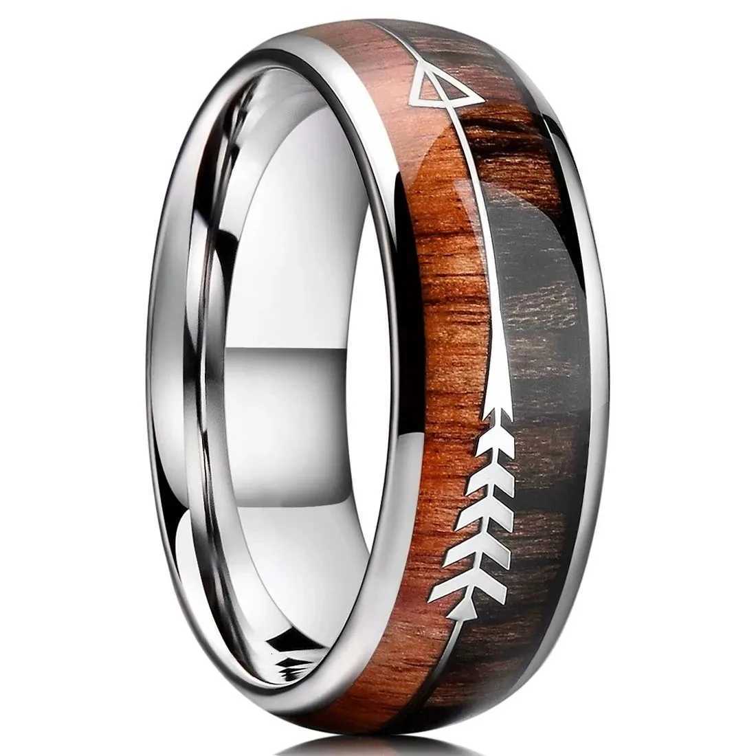 Fashion 8mm Silver Color Stainless Steel Arrow Rings for Men Women Inlaid Hawaiian Koa Wood Rings Men Wedding Band Jewelry Gifts S250716