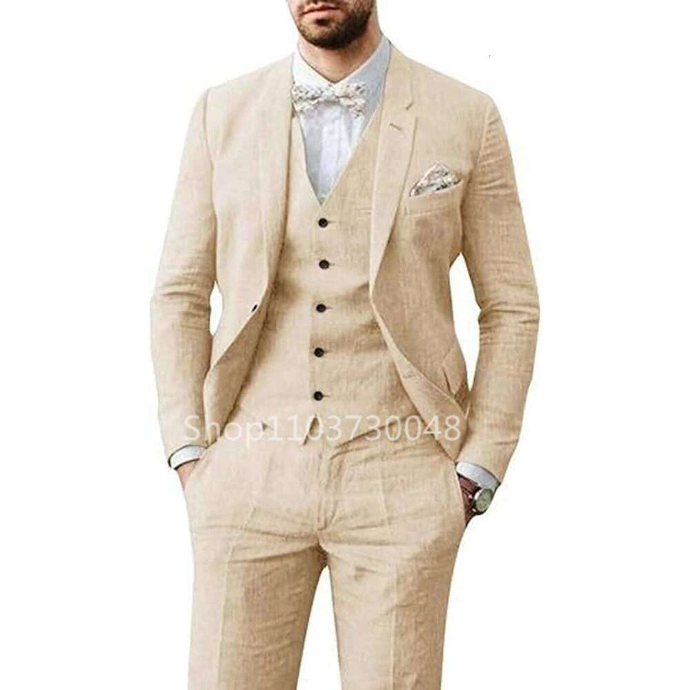 Elegant Beige/Blue Linen Men Casual Single Breasted Slim Fit Blazer Vest Pants High Quality 3 Piece Summer Wedding Suits