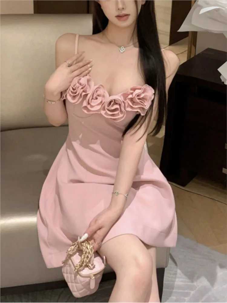 Women Summer Spaghetti Straps French Style Princess Pink Prom Gown 3D Flowers A-line Mini Party Dresses Lovely Tutu Dress R250716