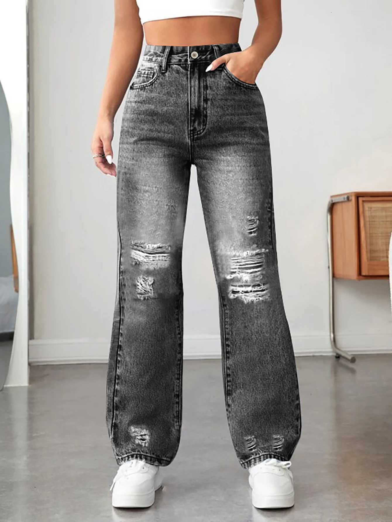 Womens wide-leg pants ripped Denim pants loose comfortable all-match R250716