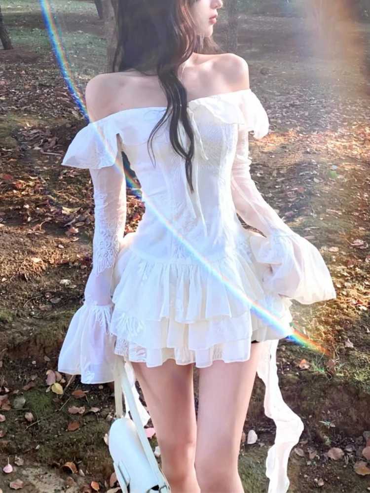 France Sweet Off Shoulder One Piece Dress Women Elegant Sexy Slim Party Clothes Female Korean Chic Design Fairy Dresses 2025 New R250716