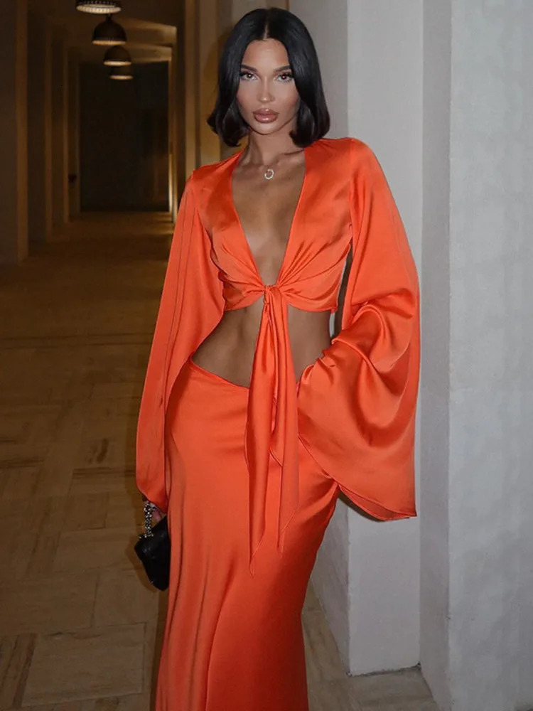 Articat Elegant Satin Long Sleeved Long Skirt Women Set Women Lace Up Sexy V-neck Low Waist Solid Color Party Club Set 250715