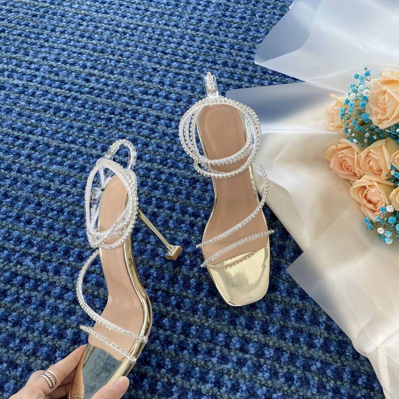 Designer sandals Giant Sparkle~2025 Summer Silver Rhinestone Sandals Fairy Open-Toe Snake-Shaped Wrap Strap One-Word Buckle Thin Heel High Heels