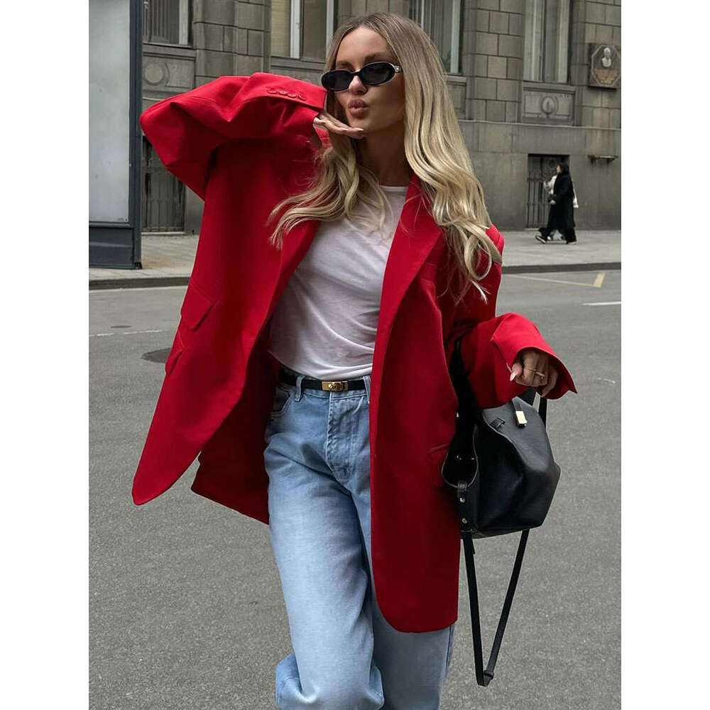 Summer New Style Elegant Padded Shoulder Loose Turn-Down Collar Pocket Red Blazer Jacket B5