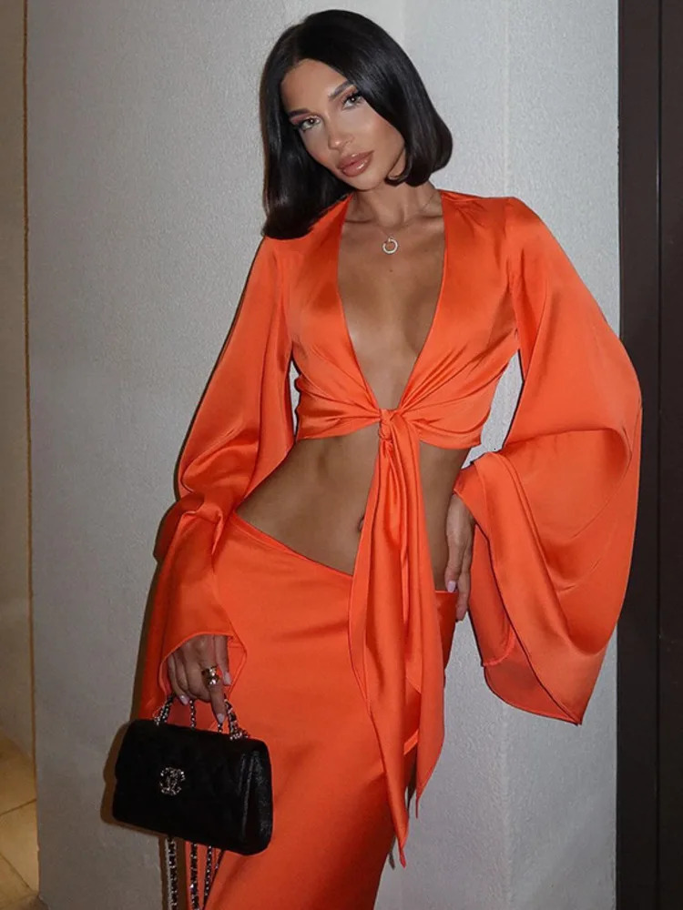 Articat Elegant Satin Long Sleeved Long Skirt Women Set Women Lace Up Sexy V-neck Low Waist Solid Color Party Club Set 250715