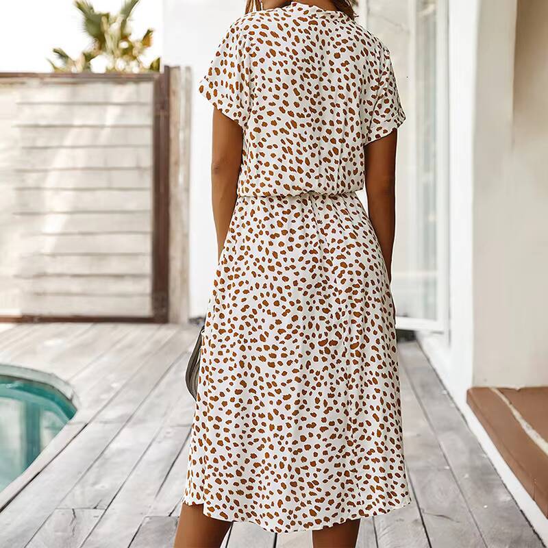 Summer Dresses for Women Polka Dot Printing With Buttons Short Sleeves Drawstring High Waist Dress Vestidos dongdumaoyi