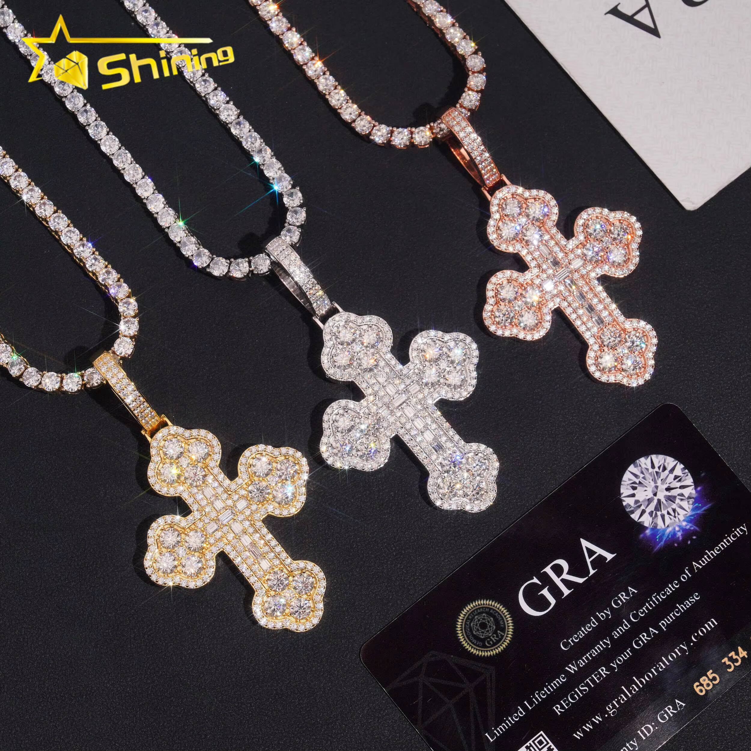 GRA Certificate New Arrivals Bulk Stock Hip Hop Stylish Man VVS1 Moissanite Baguette Diamond S925 Silver Iced Out Cross Pendant