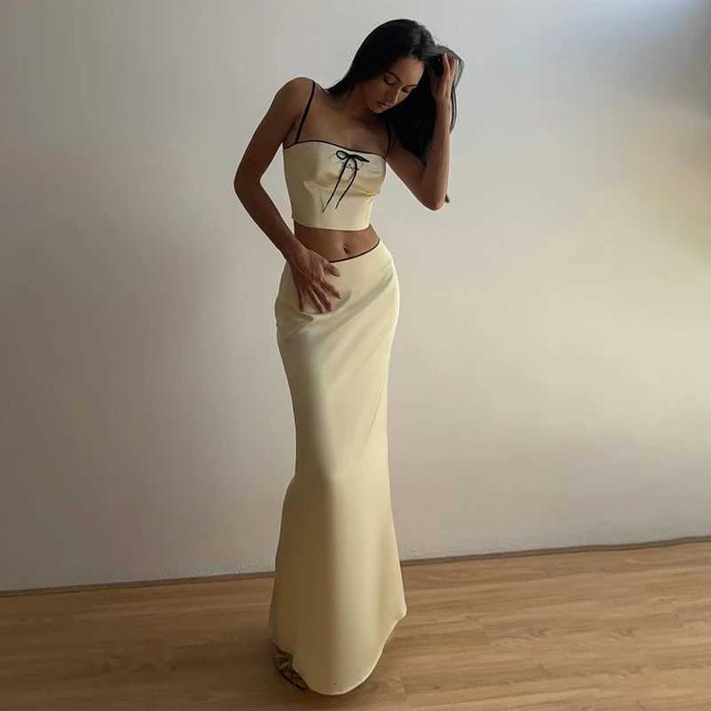 Sexy Camis Skirt Two Piece Set Women Summer New Sleeveless Crop Top High Waist Skirt Solid Slim Fashion Party Outfit Streetwear R250716