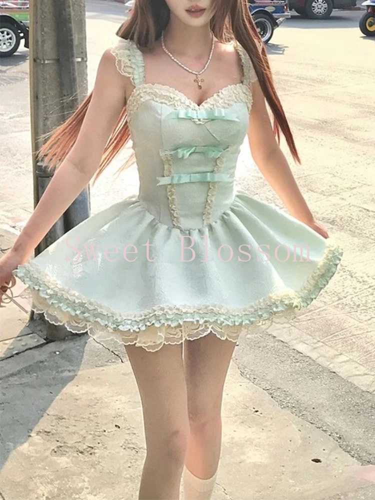 2025 Spring Summer Sweet Green Floral Lace Suspender Dress Women French Chic Fairy Slim Y2K Dresses New Fashion Elegant Clothing R250716