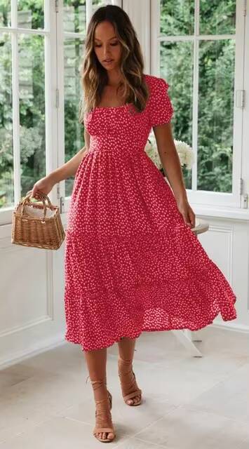 Summer Womens Beach Sweet Dresses Vestidos Vintage Print Puff Sleeve Casual Square Collar Floral Female Maxi Long Dress dongdumaoyi