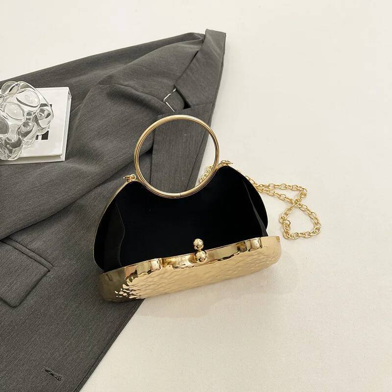 Round Handle Golden Evening Clutch Bags For Women Metal Texture Designer Purses And Handbags Wedding Party Crossbody Bag