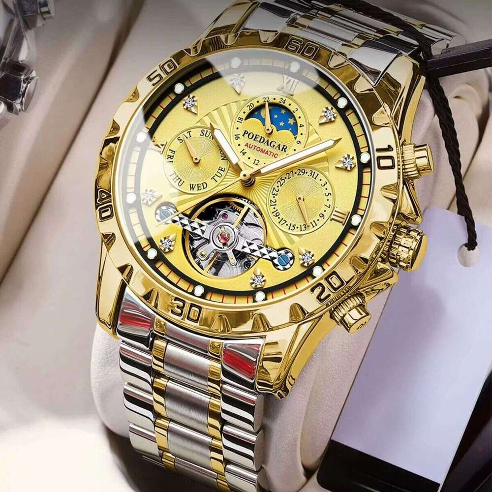 DHwatches Men's Luxury Mechanical Watch - 50M Waterproof Moon Phase Automatic Wristwatch with Exhibition Caseback (Model 1412)