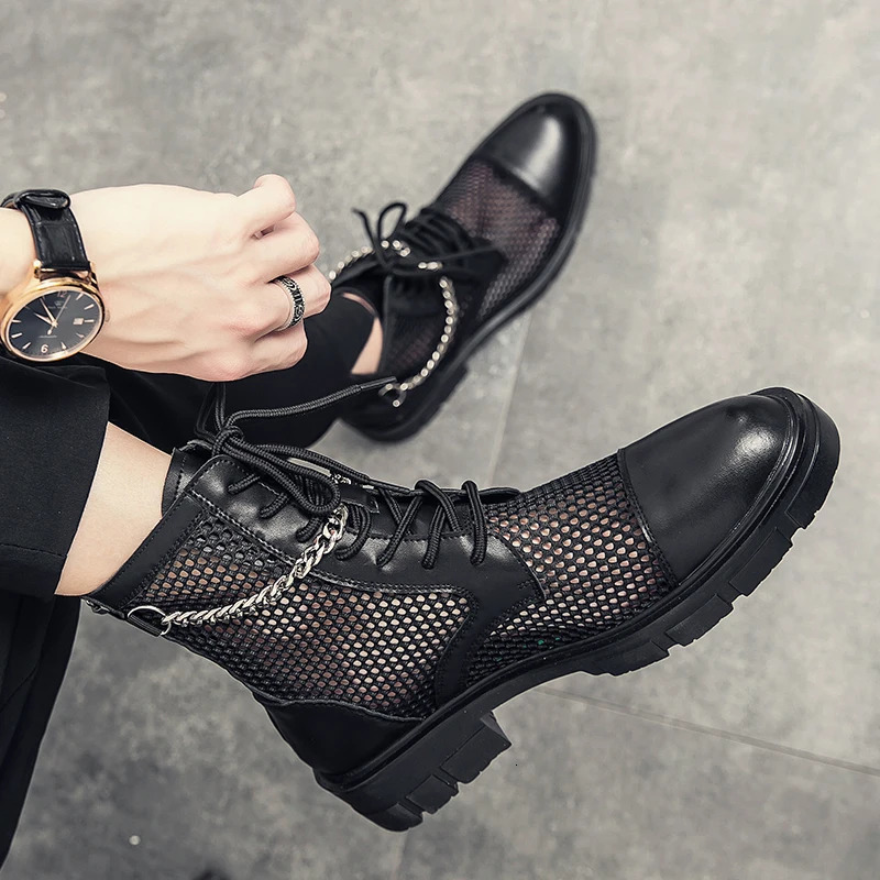 Men Summer Boots Fashion Lace-Up Dress Casual Loafers Motorcycle Black Mesh Breathble Party Business Boys Shoes Big Size 38-46 250715