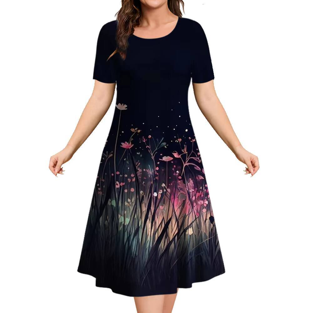 2024 New Floral Graphic Print Womens Elegant Midi Summer Dresses Plus Size Female Fashion Free Shipping dongdumaoyi
