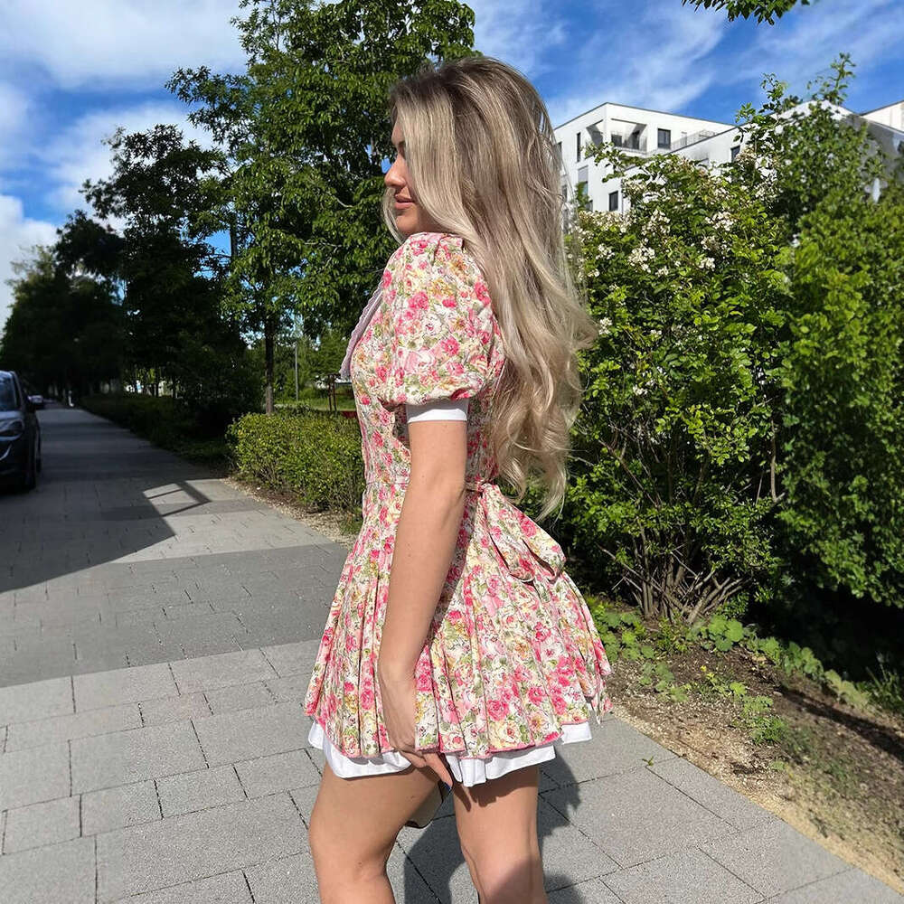 Doll Collar Printed Short Summer Puff Sleeve Single-Breasted Mini Dress For Women B5