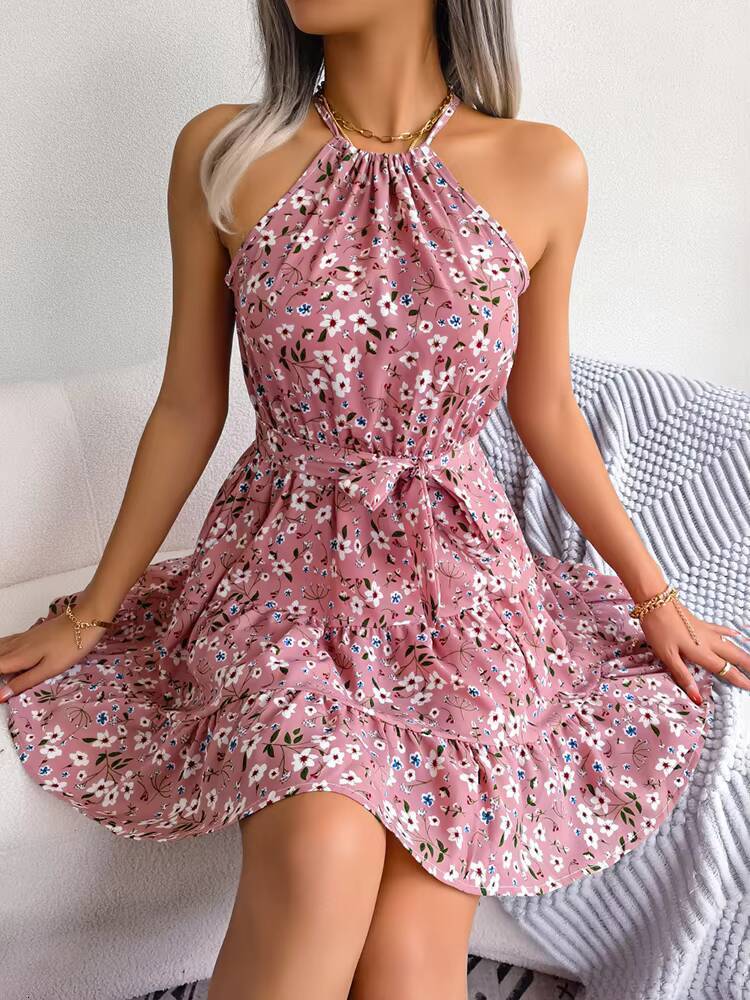 2023 New Casual O-neck Sleeveless Mini Short Sundress Dresses For Women Summer Lace Up Sexy Floral Print Halter Ruffles Vestidos dongdumaoyi