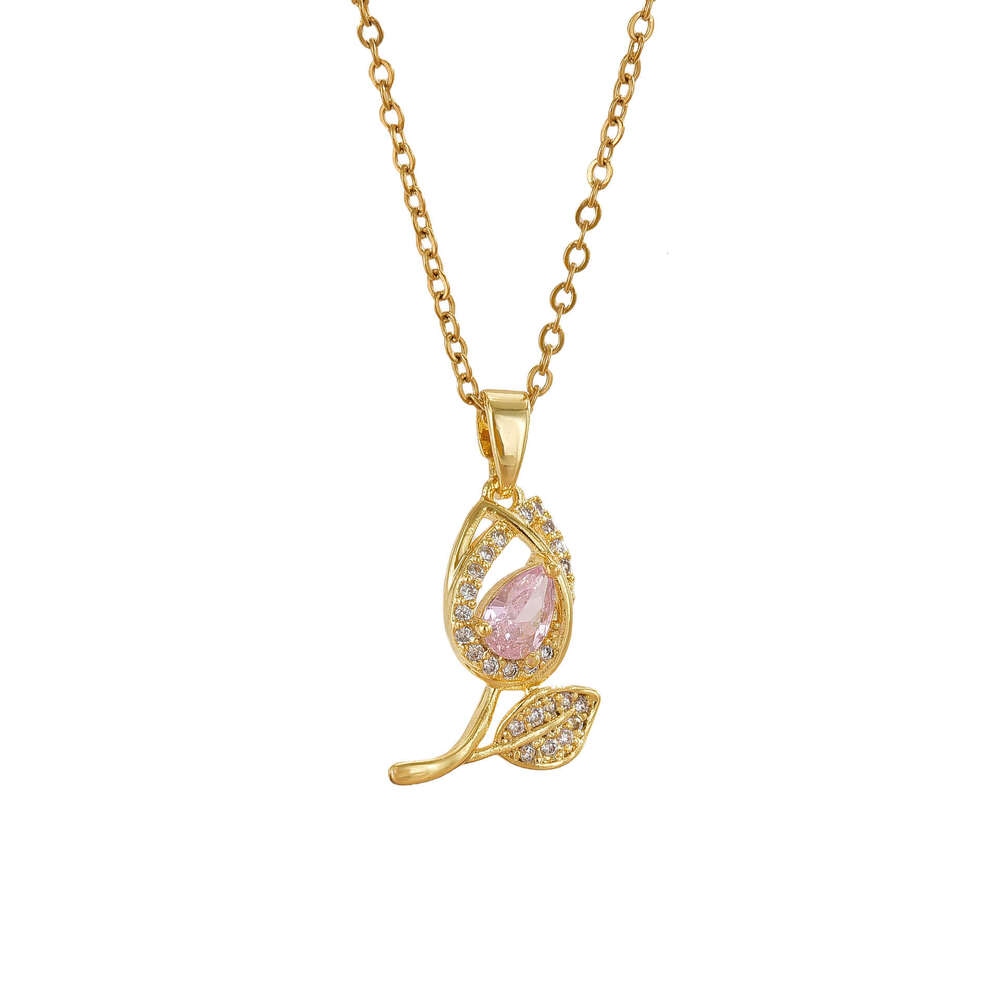 Necklace For Women Copper Gold Plated Colorful Zircon Tulip Niche Design Ins Versatile High-End Titanium Steel Accessories 29B