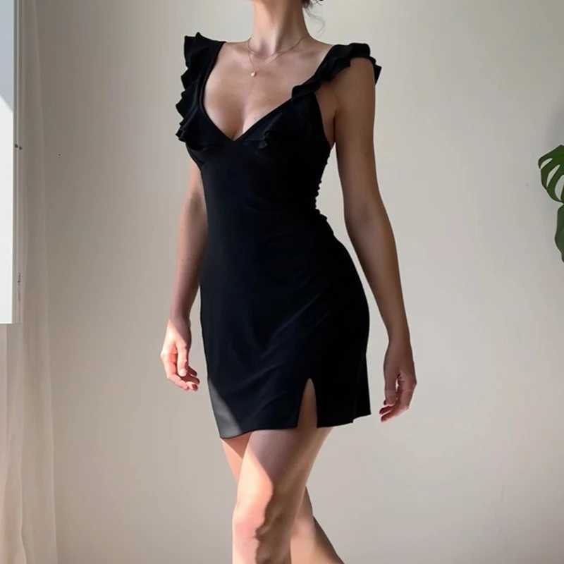Combhasaki Womens Summer Adjustable Shoulder Straps Ruffled Deep V Neck Tie-Up Solid Color Slit Hem Slim Fit Bodycon Mini Dress R250716
