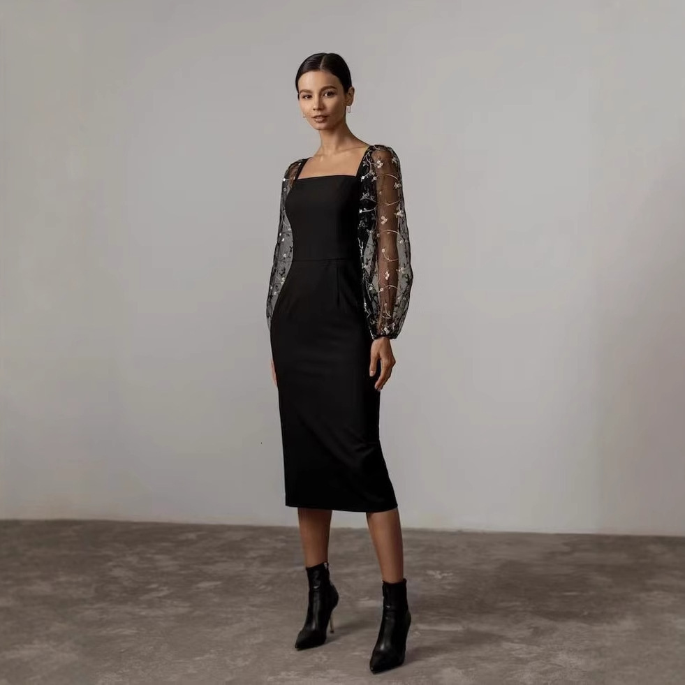 2025 GY2199 European and American Cross-Border Simple Elegant Embroidered Patchwork Bodycon Dress