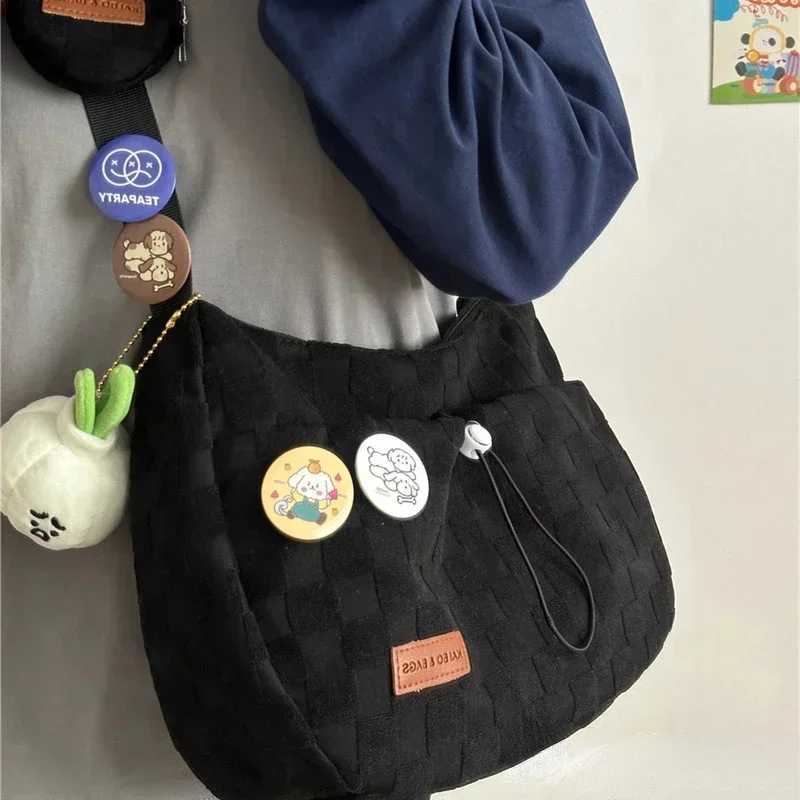 Xiuya Harajuku Style College Crossbody Bag Solid Color Plaid Print Large Capacity Shoulder Bag New Cute Designer Handbag