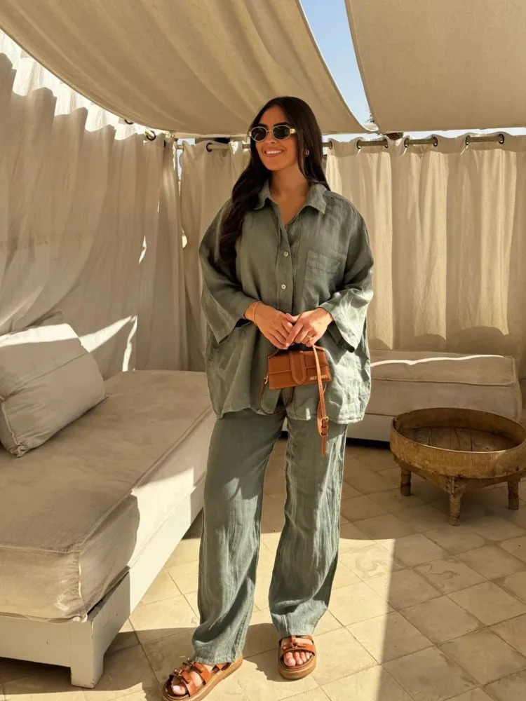 Summer Cotton Linen Lady Home Suits Casual Women Trousers Sets Lapel Single Breasted Long Sleeve Loose Top Wide Leg Pant Set 250715