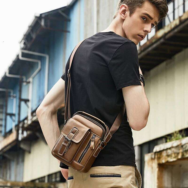 Cowhide Small Genuine Leather Shoulder Men's Retro Casual Vertical Crossbody Bag, MINI Handbag