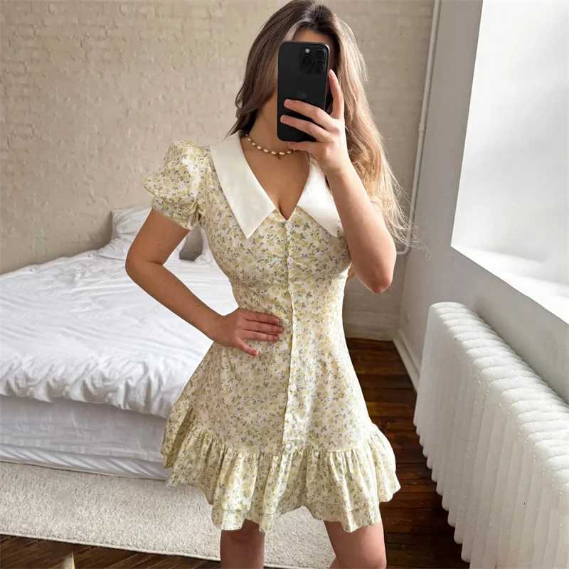 Tornova Fashion Print Ruffled Womens Dress V-Neck High Waist Slim Pearl Buttons Summer Dress Female Casual Vacation Mini Dress R250716