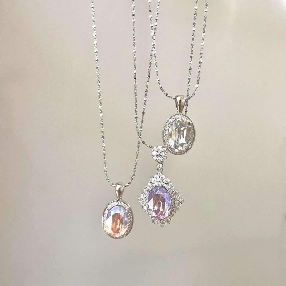 S Pure Sier French Style Brilliant Violet Ice Flower Zircon Necklace Pigeon Egg Oval Pendant Full Dia Collarbone Chain Multiple Styles
