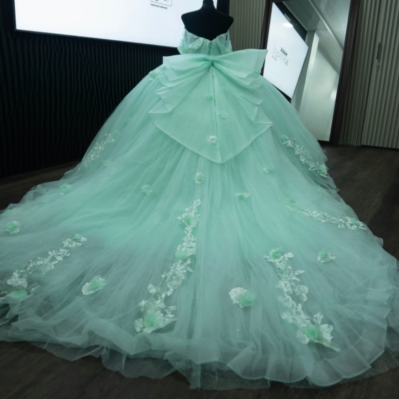 Mint Green Shiny Quinceanera Dresses Ball Gown Off The Shoulder Applique Flower Beads Tull Corset Party Birthday Sweet 16 Dress vestidos de 15 anos