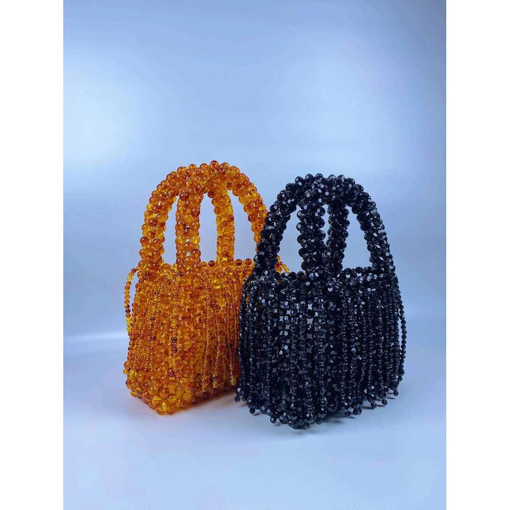 beaded woven bag amber acrylic cat eye beads retro handbag hollowed out pearl womens bag