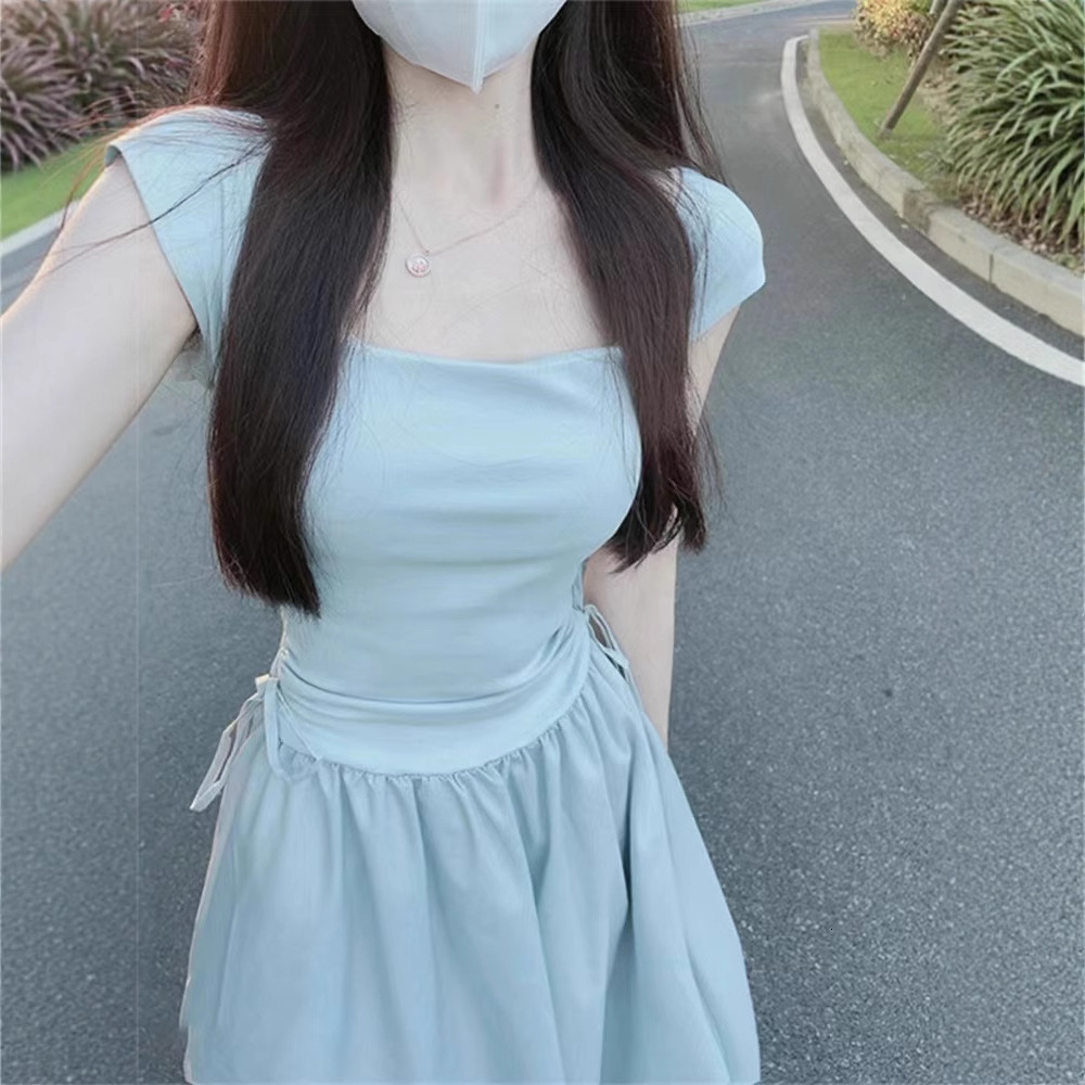 2025 Tea Break French Square Neck Dress for Women Summer New First Love Pure Sweet Long Waist-Cinching Petite