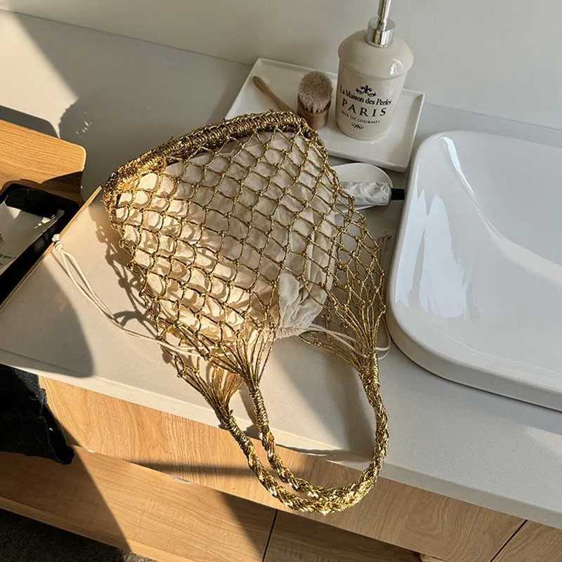 Hylhexyr Ins New Solid Color Gold and Thread Handmade Weaving Bag Bucket Shaped Handbag Beach Bags