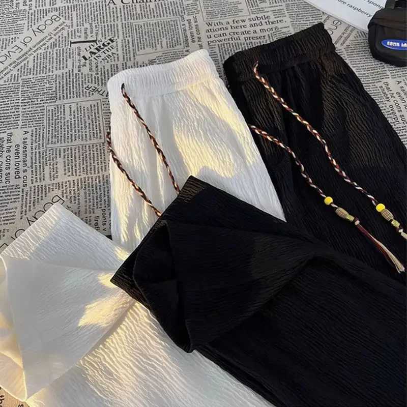 Ice Silk Casual Pants Men Thin Sport Straight Sweatpants Linen White Loose Fold Ankle-Length Walking Trousers Male y250716