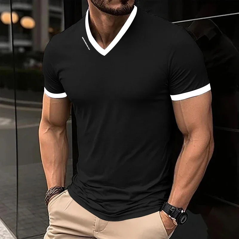 Mens Casual and Fashionable Solid Color V-neck Short Sleeved T-shirt with Letter Print Summer Versatile and Comfortable Top 250715