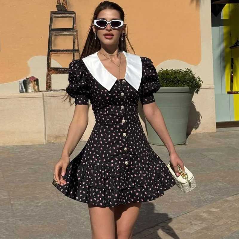 Turnova Print Puff Sleeve Mini Dress Womens Short Sleeve V Neck Pearl Button Dress Lady High Waist Elegant Evening Party Dress R250716