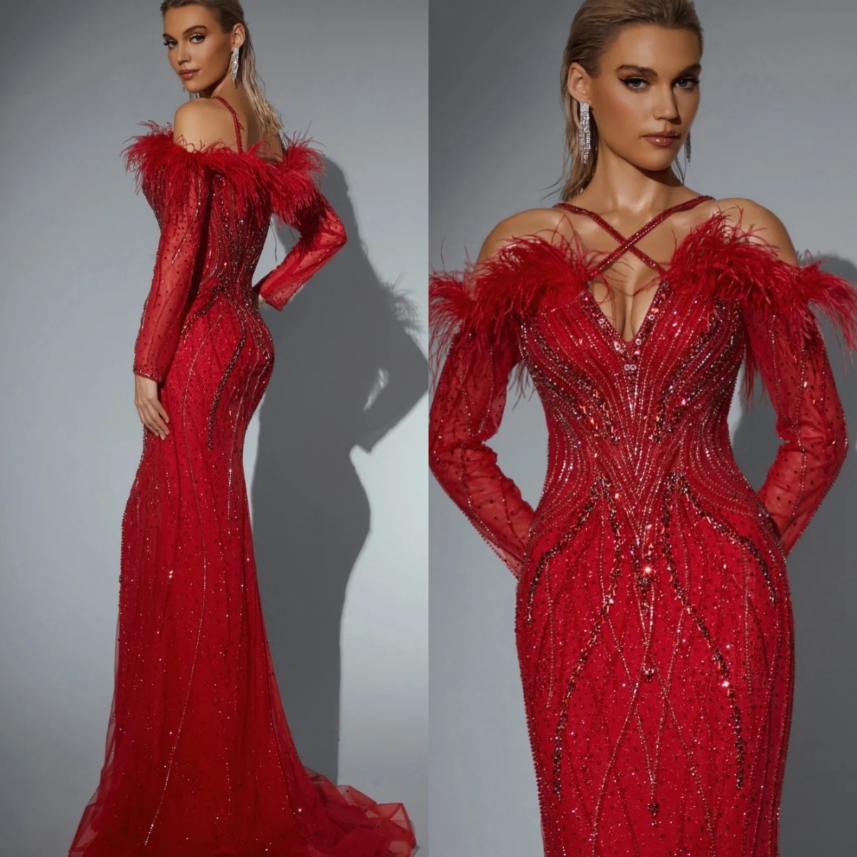 Luxurious Mermaid Evening Dress V Neck Long Sleeve Beaded Feather Prom Gowns Bright Red Floor Length Formal Dresses Customized
