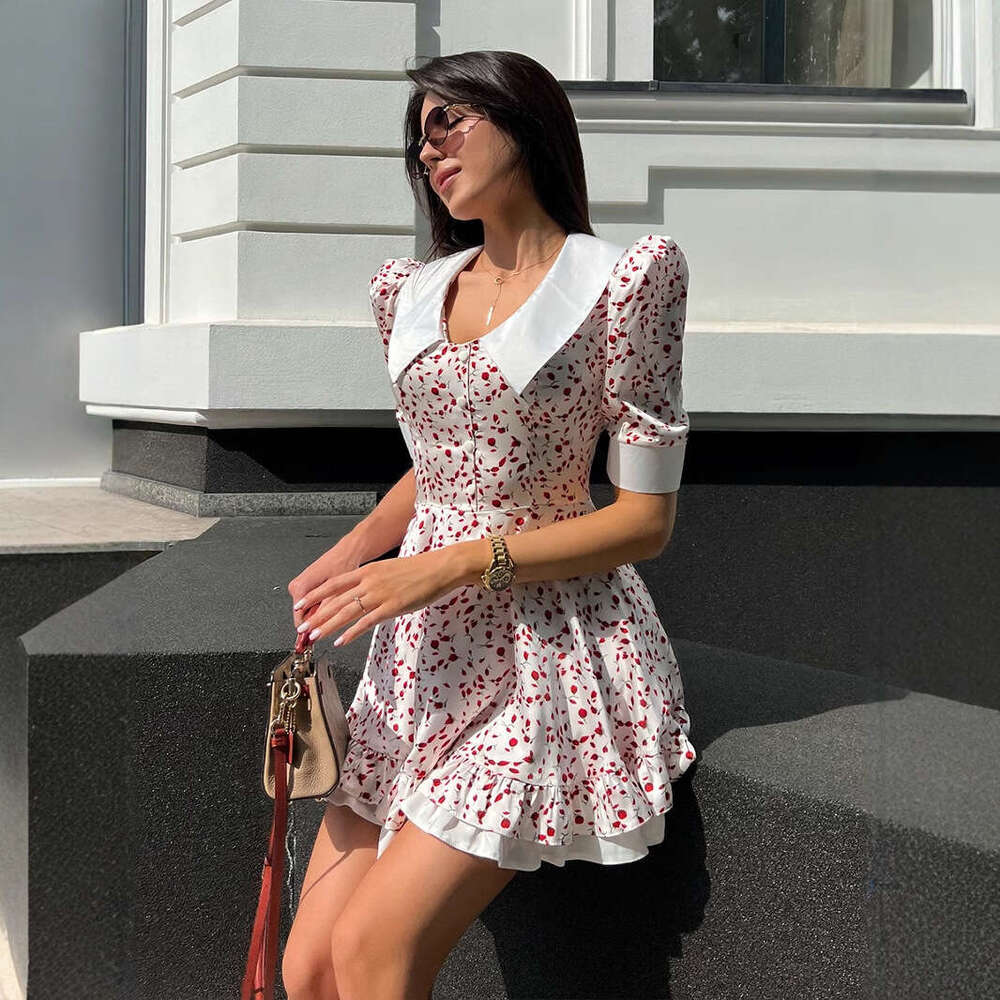 Women's V-Neck Printed Summer New Puff Sleeve Short Doll Collar Dress B5