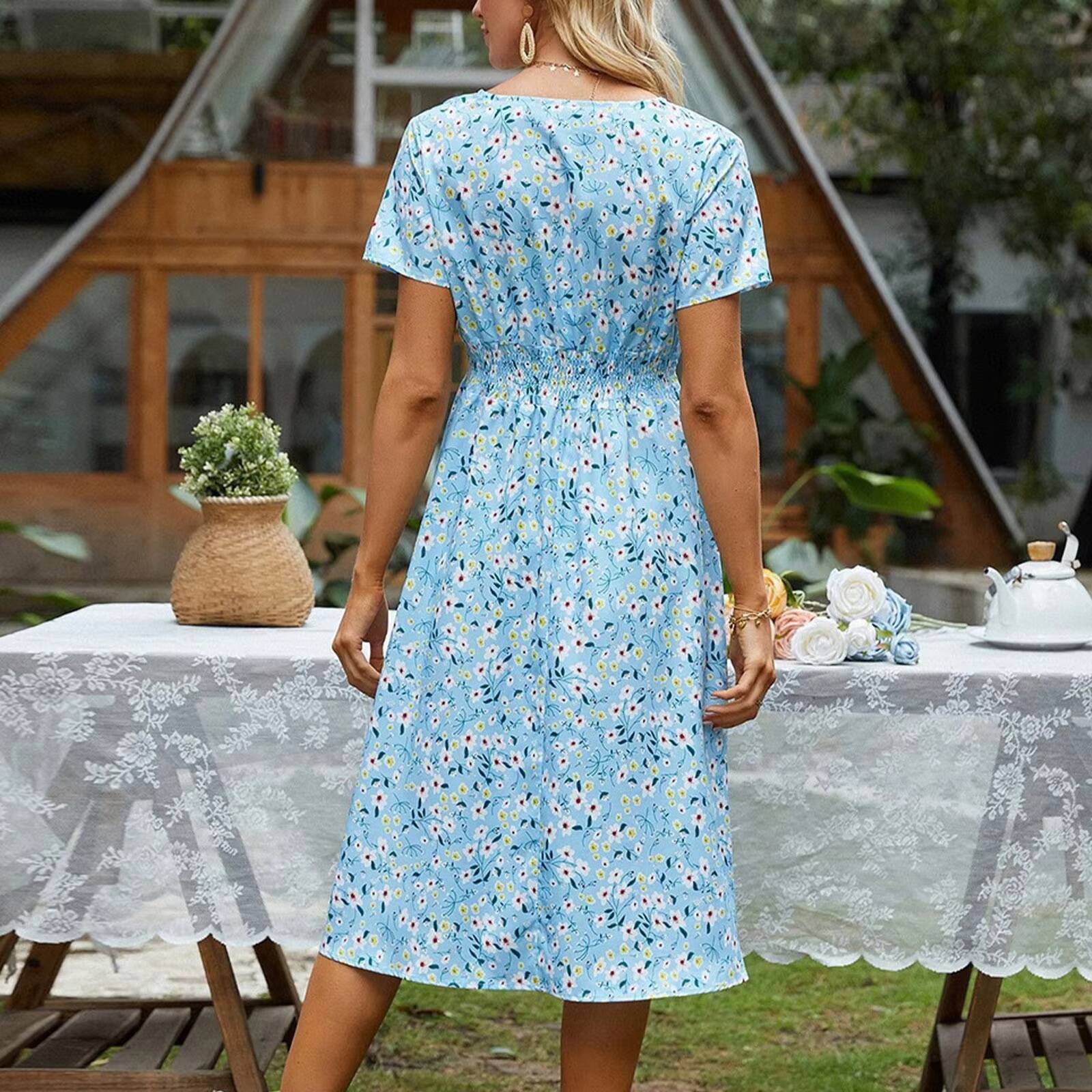 High Quality Luxury Design 2024 Elegant Cinching V-neck Printed Elastic Waist Maxi Sexy Dress Women Clothing Vestido dongdumaoyi