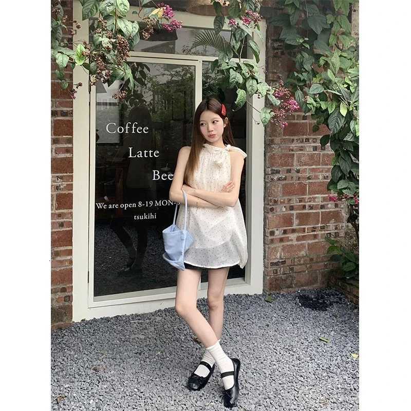MEXZT Sweet Dot Shirts Women Elegant Bow Bandage Blouses Vintage Halter Print Tops Summer Korean Sleeveless Casual Clothes New R250716