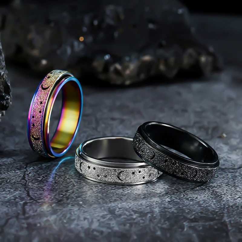 6MM Retro Rainbow Stainless Steel Moon And Star Metal Spinner Fidget For Women Anxiety Relife Spinning Ring Jewelry Bague Homme S250716