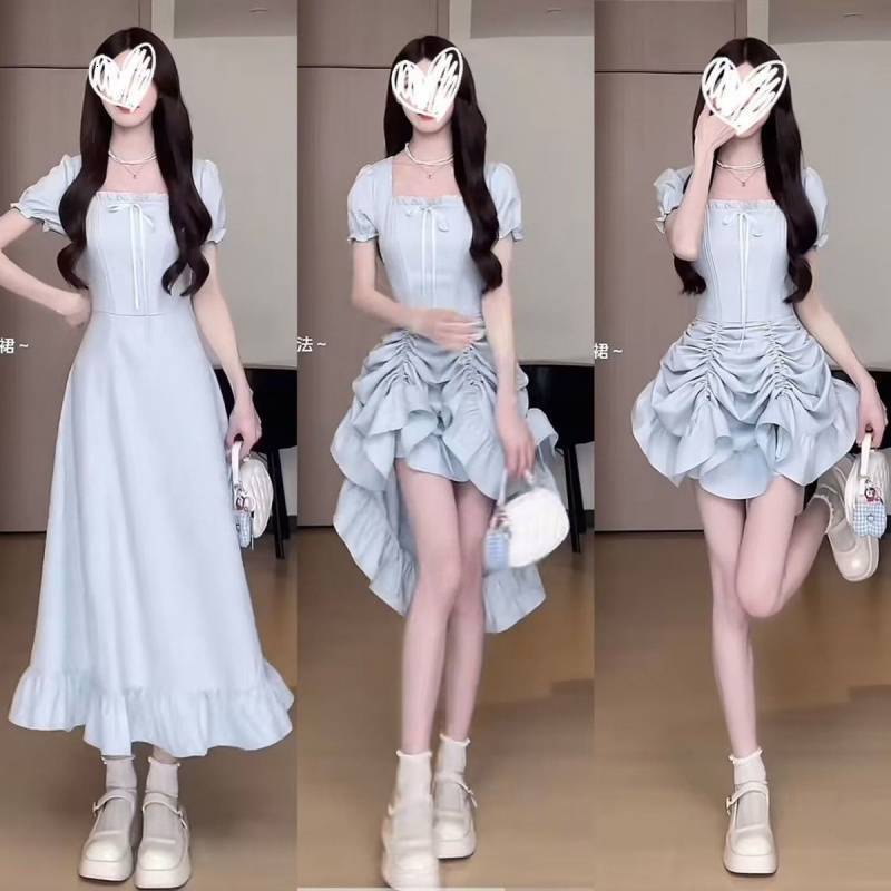 2025 One Dress Four Styles Short Sleeve Waist Slimming Ruffle Long Thin Black Tomato Red Commuting