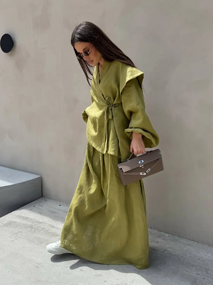 Casual Lace Up Shirt Skirt Set Women Loose V-neck Lantern Sleeve Blouses Long A-line Skirts 2025 Summer Lady Holiday Outfits 250715