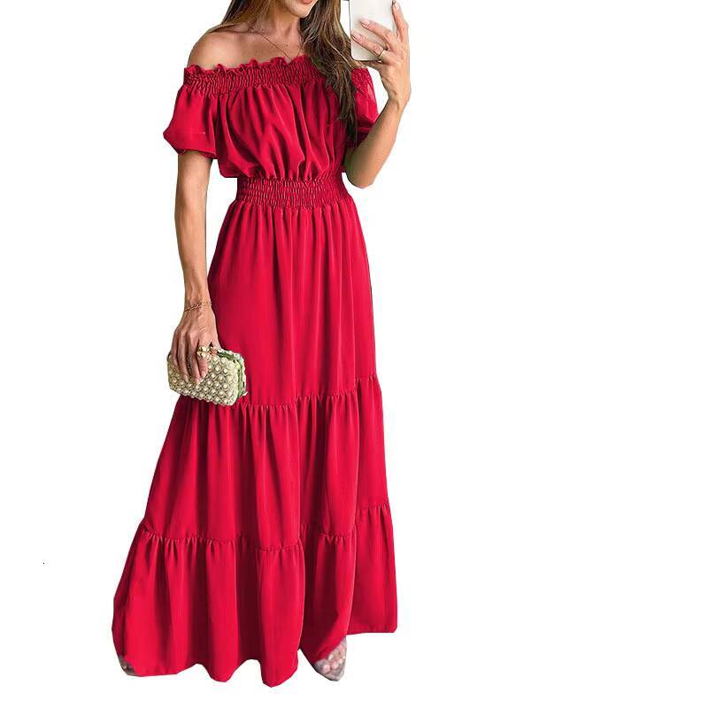 Sexy Slash Neck Short Sleeve Pleated Maxi Long Dress Summer Female Boho Red Loose Vestidos TCFS-1175 dongdumaoyi