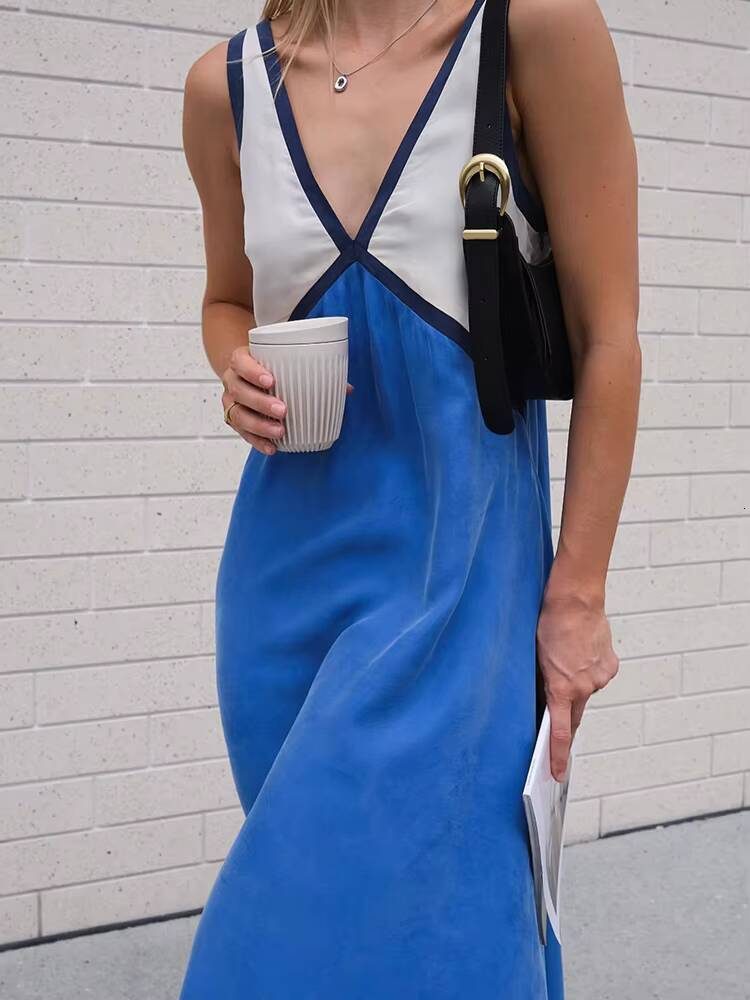 Women Fashion Patchwork V-neck Maxi 2025 Summer Casual Loose Sleeveless Sling Long Dress Female Beach Party Club Vestidos dongdumaoyi