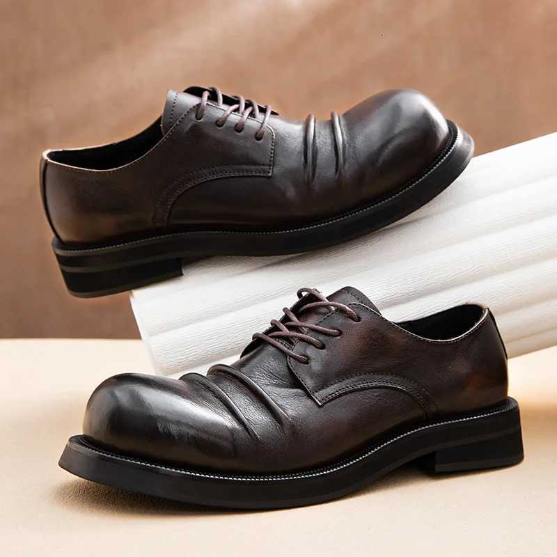 British Business Casual Leather Shoes Mens Workwear Thick Bottom Retro Round Head Derby Shoes Genuine Leather Mens Oxford Shoe W250716